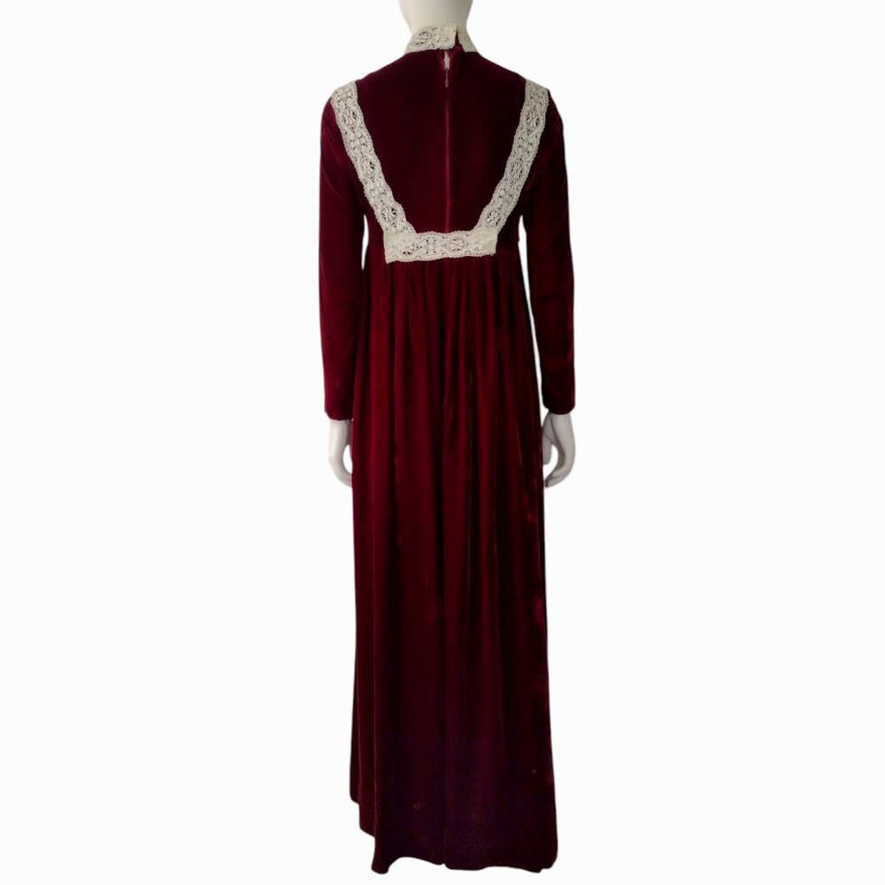 Vintage 1970s Red Velvet Empire Waist Long Sleeved Mock Neck Maxi Dress - Picture 8 of 13